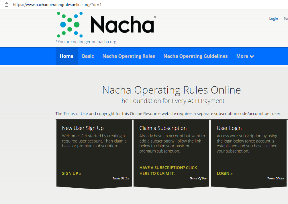 Screenshot of NACHA New User Sign Up